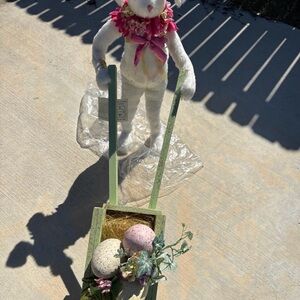 Mark Roberts LargeWhite Bunny w Pink Ribbon and Green Wheelbarrow Accent 24inch